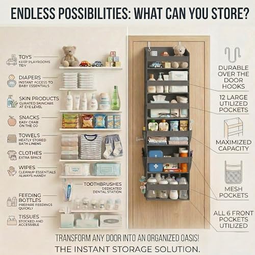 Image of HOMELUX THEORY UPGRADED 6 Tiers Over The Door Organizer Hanging - 100D EXTRA THICK & 50lbs HUGE CAPACITY, 12 Side Mesh Pockets Over The Door Shoe Organizer, Hanging Closet Organizer (Dark Gray, 1pc)