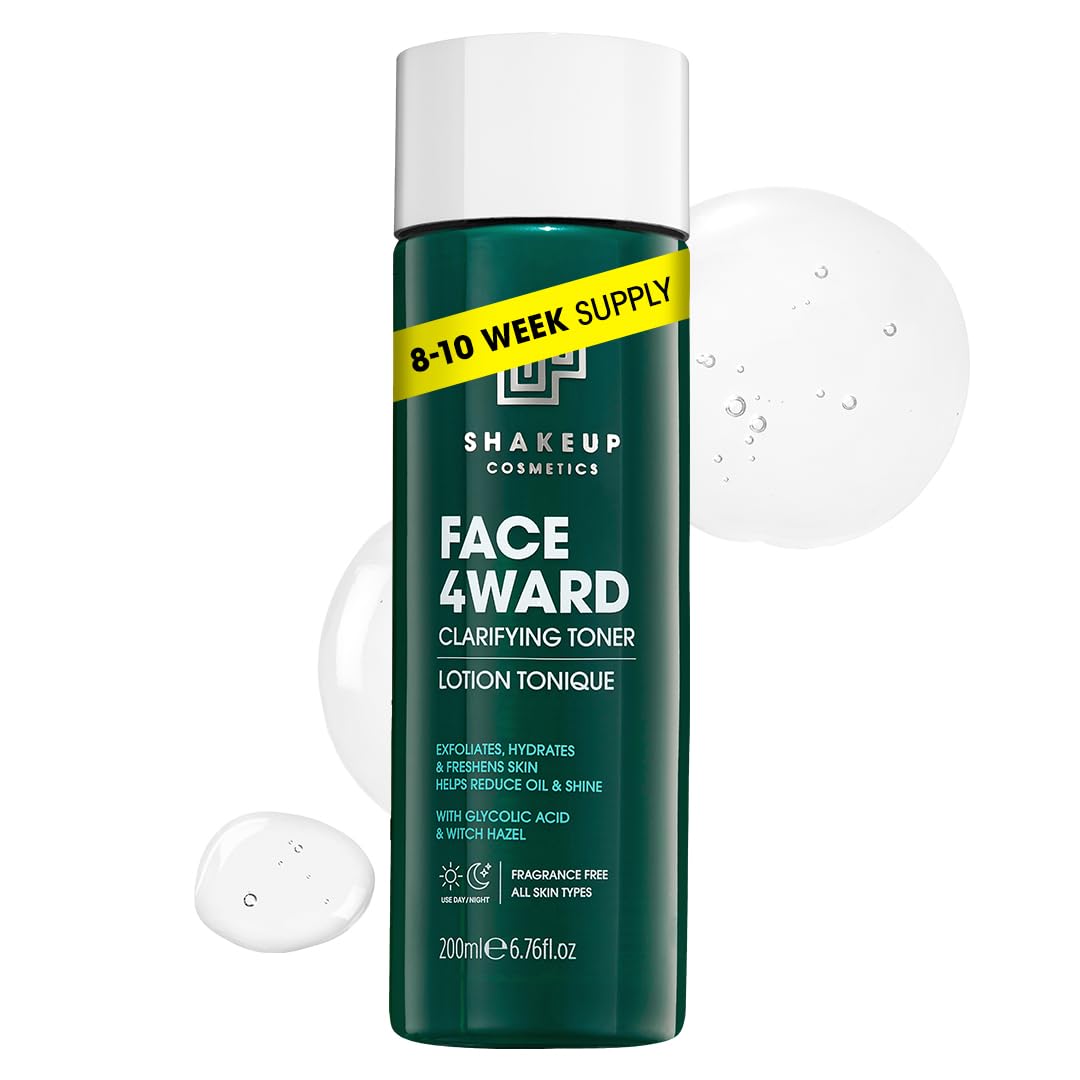 Shakeup Cosmetics Mens Skin Clearing Toner, Clarifying, Gently Exfoliates with Glycolic Acid & Witch Hazel, Reduces Oil & Shine, Vegan Formula, 200ml. Aka. FACE 4WARD CLARIFYING Toner