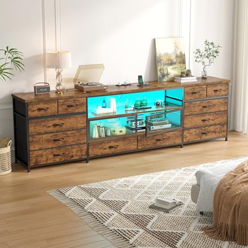Image of EnHomee 71 inch Long TV Stand for 85 /80 /75 inch TVs with LED,Power Strip,12 Drawers | Rustic Brown Entertainment Center with Open Wooden Shelf, Spacious Storage,Sturdy Metal Frame for Bedroom Living Room
