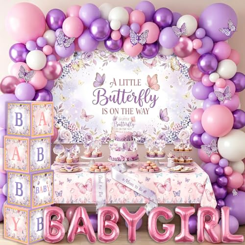 Butterfly Baby Shower Decorations A Little Butterfly Is On The Way Party Supplies with Backdrop Balloons Arch Kit Tablecloth Cake Toppers Sash Boxes Purple Butterfly Decorations for Girl