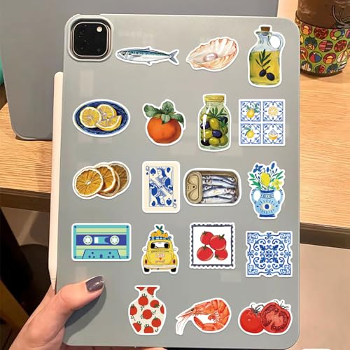 Image of 50Pcs Mediterranean Food Stickers, Cartoon Mediterranean Tomato Food Vinyl Decals for Decor Laptops, WLJIAO Aesthetic Cute Lemon Labels Sticker for Kids Teens Girls DIY Scrapbook Guitar
