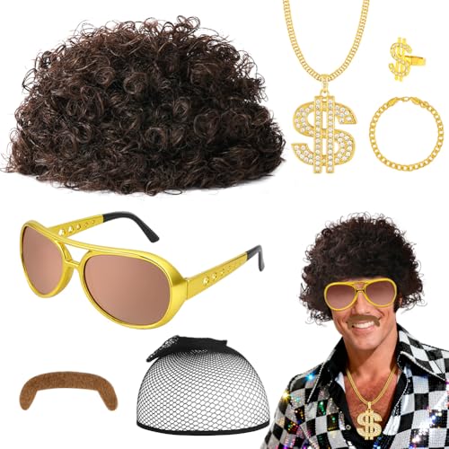 AUYAO Perruque Afro Hippie, 7 Pcs Accessoires Costume Hippie Disco Homme avec Collier/Fausse Moustache/Bagues/Lunettes de Soleil, Perruque Annees 70 80, Set Deguisement Hippie pour Carnaval Fêtes