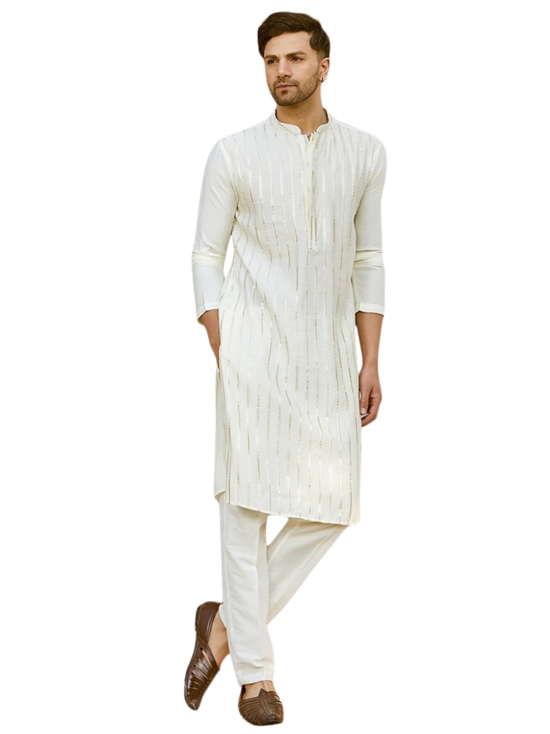 Men Full Sleeve Chanderi Silk Sequins Mandarin Collar Side Slit Kurta With Pyjama