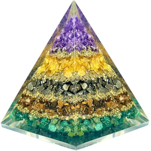 Money Magnet Pyramid with Amethyst, Citrine, Pyrite & Tiger Eye Stones – Crystal Healing Pyramid for Wealth, Abundance, Positive Energy, Reiki, Meditation & Home Décor