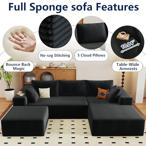 Image of 96 inch Modular Sectional Sofa with Ottoman, Modern Corduroy Cloud Couch with Deep Seat, Boneless Couch Upholstered 3-Seater U-Shaped Sofa for Living Room, No Assembly (Black, Right-Facing Chaise)