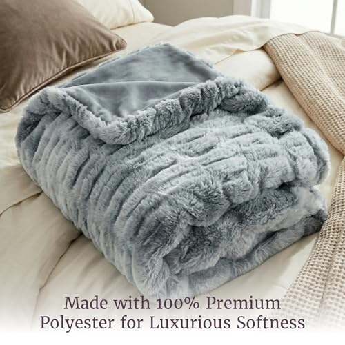Image of Lavish Home Oversized Ruched Faux Fur Blanket - 60x80-Inch Plush Polyester Faux Fur Queen-Size Throw for Sofas and Beds - Luxurious Bedding (Silver)