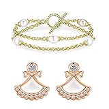 AiliFe Gold Pearl Double Layered Bracelets for Women, 14K Real Rose Gold Plated Cubic Zirconia Daint