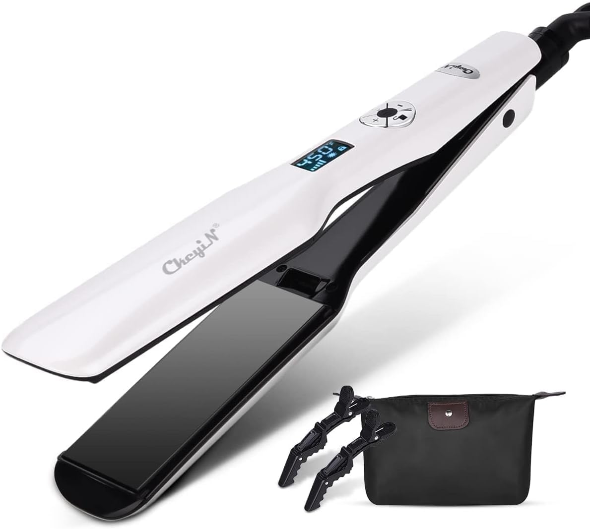 Plancha alisadora profesional con gran placa calefactora y pantalla LCD, herramienta de peinado PTC blanca
