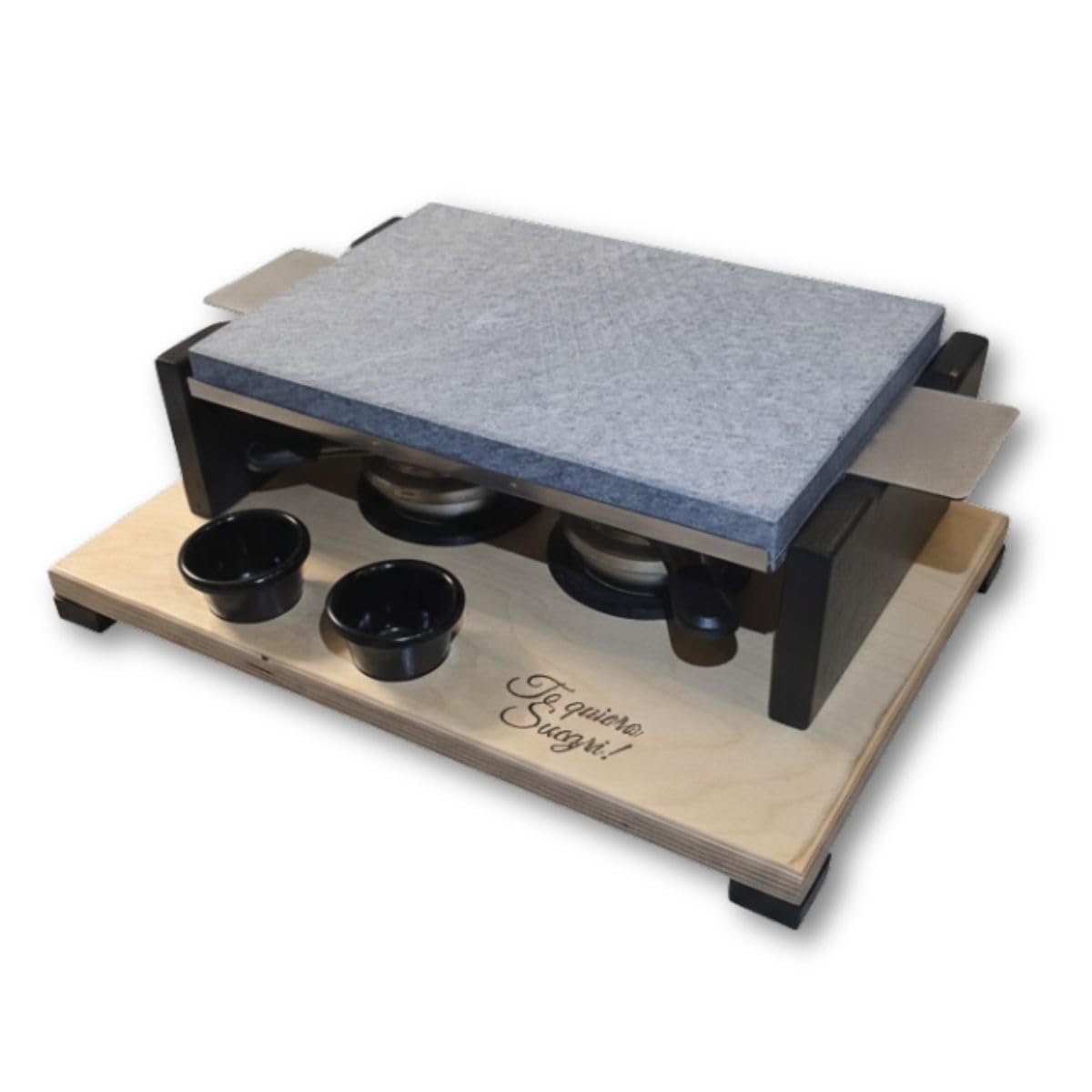 PIEDRASAR Piedra Volcánica Para Asar con Base de Madera, Gris, 20x30cm, Doble Quemador de Alcohol, 2 Salseros Negros, Estilo Moderno, Modelo CPS2020PP, Para Carne y Parrilladas