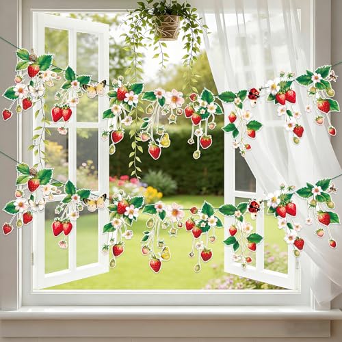 Strawberry Party Banner Berry First Birthday Decor Strawberry Wildflower Garland for Spring Enchanted Garden Tea Party Hanging Floral Strawberry Theme Birthday for Girl Sweet Baby Shower Party (8.2ft)