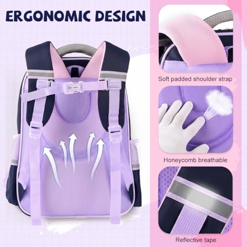 Image of PALAY School Bag for Girls Purple Blue Cartoon Backpack Waterproof Oxford Cloth Bookbag with Small Pouch Breathable Mesh Back Panel Stress Relief Daypack Children's Day Rakhi Gift for School Kids