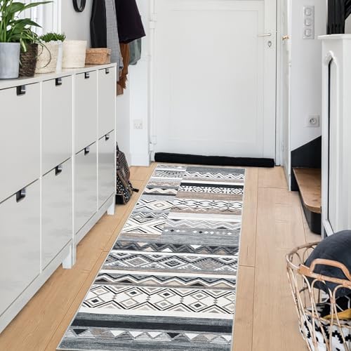 GarveeHome Vintage Patchwork Runner Rug 2x6 Washable Grey Runners for Hallway, Non Slip Geometric Carpet, Stain Resistant Tribal Soft Mat, Low Pile Foldable Floor Cover for Entryway Bathroom Bedroom