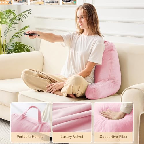 Image of Sasttie Reading Pillow for Bed, Back Pillow for Sitting Up, Pink | 18 inch Backrest Support Cushion for Couch, Sofa, and Floor, Dorm Essentials, OEKO-TEX, Adjustable Down Alternative Fill