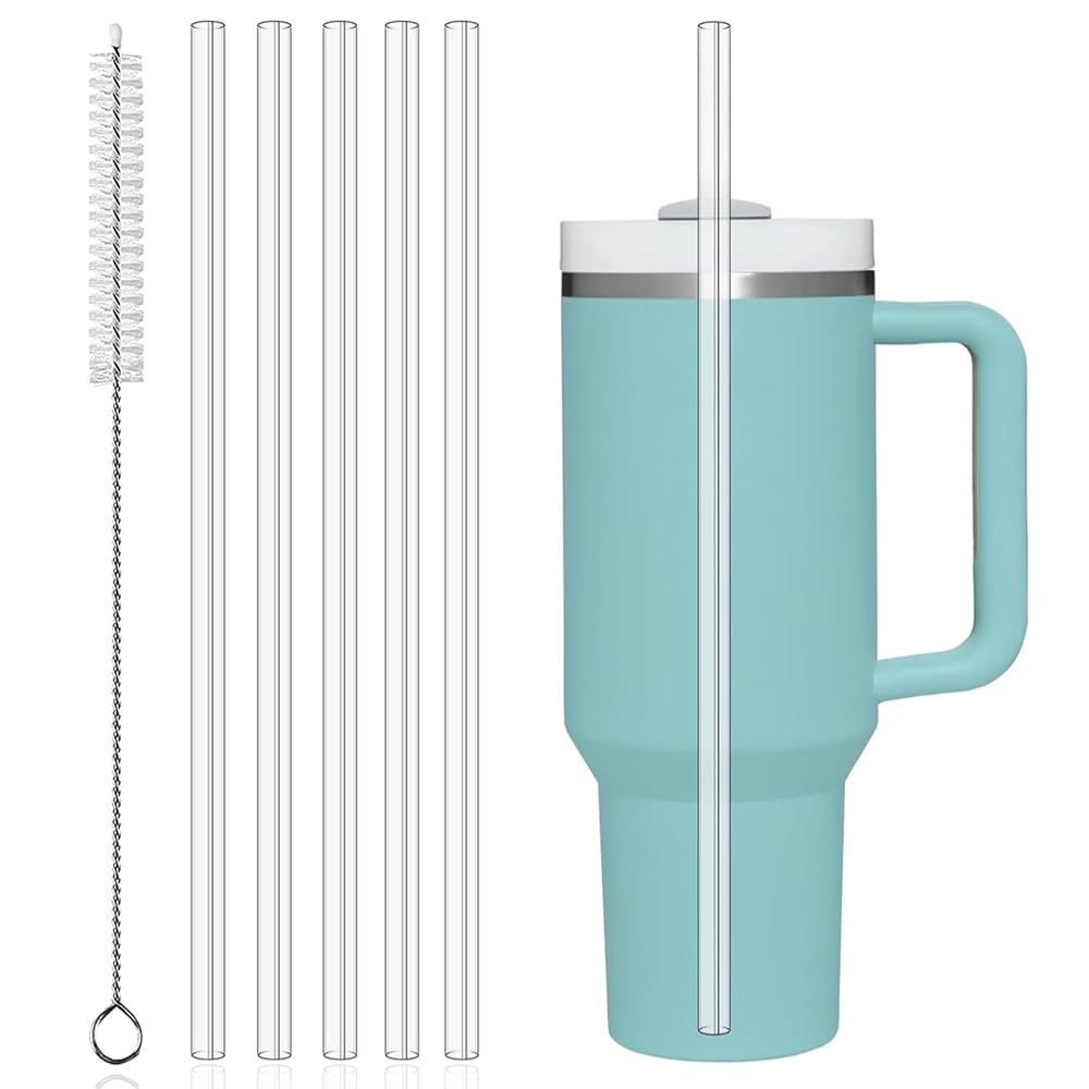 Reusable Straws for Stanley 30oz-40oz Cup Tumbler,6pcs Clear Reusable Long Plastic Straws with Cleaning Brush for Stanley Adventure Tumbler Accessories