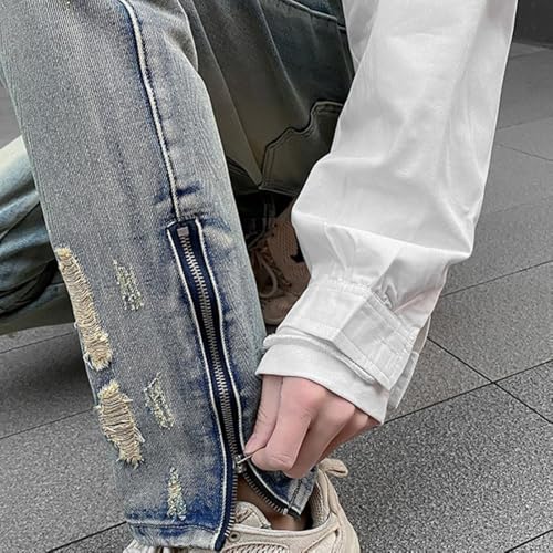 Men's Ripped Slim Fit Jeans Fashion Side Zipper Streetwear Vintage Hip Hop Jeans4