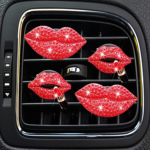 4 Pcs Red Lip Air Vent Clips, Bling Lip Car Air Fresheners Vents Clips for Women Rhinestone Car Diffuser Vent Clips Bling Car Accessories Charm Diamond Car Interior Decor Car Decoration for Women