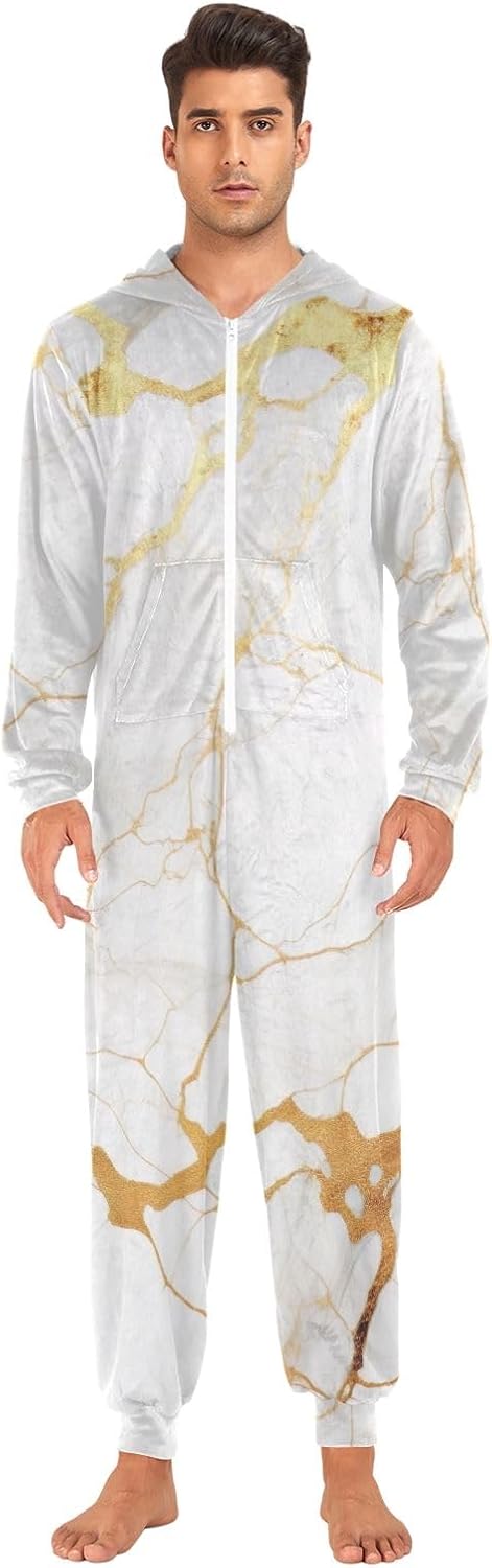 GAIREG White Gold Marble Texture Adult Onesie Pajamas, Soft Hooded One Piece Loungewear for Men Women