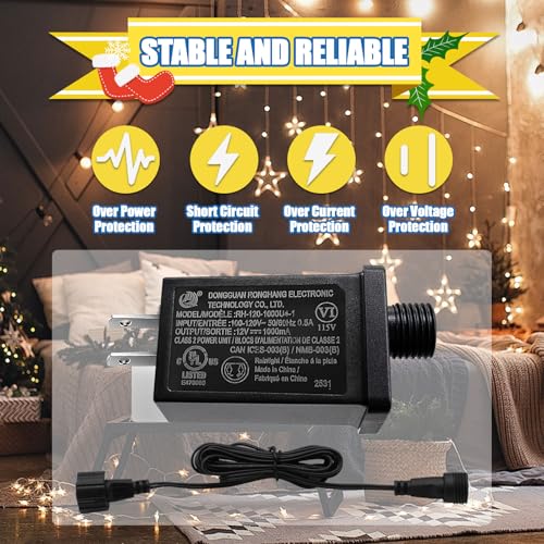 Image of 12V 12W Low Voltage Transformer with Extension Cord Class 2 Power Supply Replacement Yard Inflatable Adapter Model RH-120V1000U4-1 Waterproof Ip44 US Plug for Christmas String Light Decorations