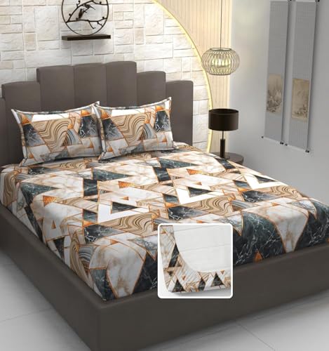 Image of Premium King Size Fitted Bedsheet for Double Bed | 300 TC Cotton Feel Microfiber | All Around Elastic Bed Sheet with 2 Pillow Covers |Durable & Easy Care|(Multi Triangle, Fitted-72 x78 King)