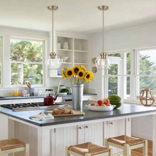 Image of MQMQA 2 Pack Globe Pendant Lights, Mid Century Brass Pendant Light Fixtures, Globe Pendant Lights Kitchen Island with Clear Glass Shade Hanging Fixture for Dining Room (Bulbs not Included)