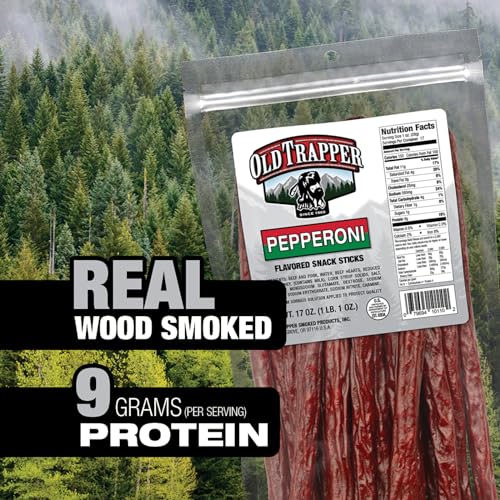 Image of Old Trapper Pepperoni Snack Sticks, 17-Ounce Resealable Bag, Natural Wood Smoked Meat Sticks, 9 Grams of Protein and 150 Calories Per Ounce (Pack of One)