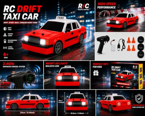 Image of 2.4GHz RC Drift Stunt Taxi Car for Kids, High-Speed Remote Control Car with LED Headlights, Rechargeable Battery, Drift Tires & Precision Steering, Indoor Outdoor Racing Toy for Boys & Girls 6+