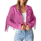 革ジャン レディース 本革 レディースショートパーティーカーディファッション汚れたジャケットフリンジ長袖スリムタッセルラペルコートファッション コート レディース 春物 (D-Hot Pink, S)
