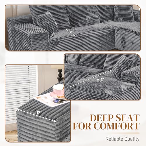 Image of 108 inch L Shaped Boneless Sectional Couches for Living Room, Comfy Corduroy Floor Cloud Sofa with Chaise, Wide Armrest, Deep Seat, Memory Foam, Assembly Free, Ideal for Small Spaces, Grey
