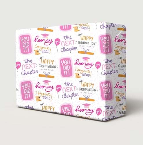 2 hojas con 2 etiquetas con diseño divertido de graduación para mujer, con texto en inglés 'You Did It', felicitaciones, papel de regalo, rosa y blanco, papel de regalo de felicitación de graduación