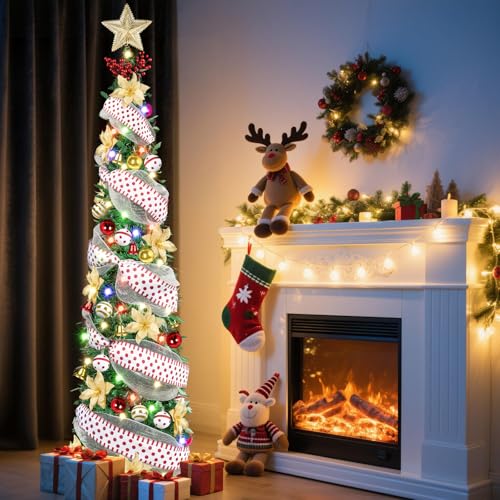 6Ft Prelit Pop Up Pencil Christmas Tree Decorations, Collapsible Artificial Christmas Tree with...