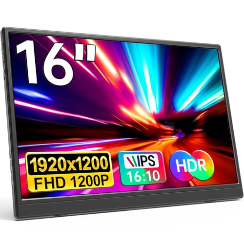 Portable Monitor 16.0inch FHD 1920 * 1200P USB C HDMI Ultra-Slim IPS Travel Display & Speakers, HDR Plug&Play, External Monitor for Laptop PC, Phone,Mac