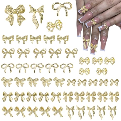 50pcs Metal Bow Nail Charms Wsimily 3D Gold Bowknot Nail Art Charms Luxury Shiny Alloy Bow Tie Nail Gems DIY Manicure Nail Decoration Accessories for Women Girls