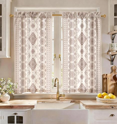 Image of Miss Adola Boho Kitchen Curtains - 45 Inch Length Linen Blend Geometric Striped Cafe Curtains Western Tier Curtain Short Drapes Rod Pocket for Bathroom Living Room Windows Light Filtering, 2 Panels