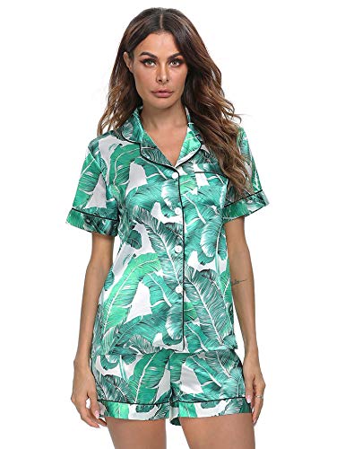 Image of SWOMOG Womens Pajamas Set Silk Satin Sleepwear Short Sleeve Nightwear Button Down Pj Loungewear