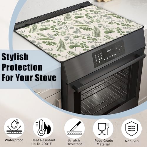 Image of Green Herb Leaves Glass Top Stove Cover Protector,Spring Botanical Leaf Heat Resistant Stove Top Cover, Large Size Range Covers for Electric Stove Countertop Mat, 28 x 20 Inch