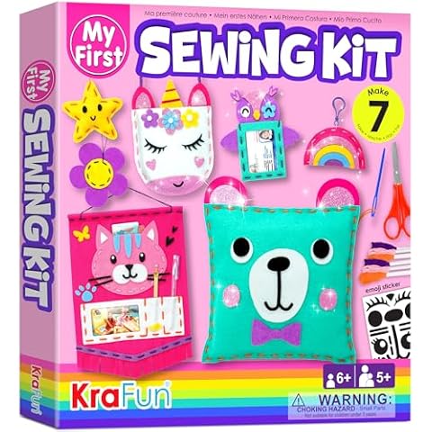 KRAFUN My First Sewing Kit for Beginner Kids Arts & Crafts, 7 Easy DIY Projects of Stuffed Animal Dolls and Plush Pillow Craft, Instructions & Felt, Gift for Girls, Boys, Learn to Sew, Embroidery Cover