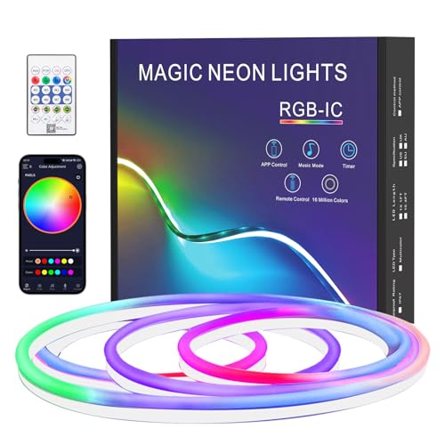 Neon LED Strip 1m, IP67 Waterdichte Silicone LED Strip met Afstandsbediening en App Control, 5V RGB LED Tape Neon Rope Lamp, DIY Vormen, Muziek Sync voor Binnen Buiten Decoratie
