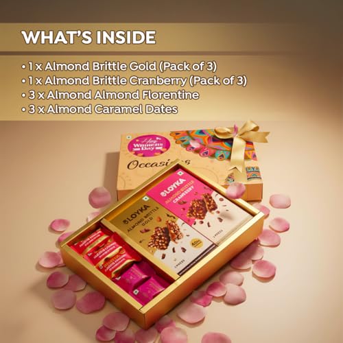 Image of Loyka Women's Day Thoughtful indulgence Mandala Gift Box | Almond Brittle Gold & Cranberry, Almond Caramel Dates & Florentine | Chocolate Gift Hamper for Her, Wife, Mother, Sister & Colleagues