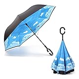 Inverted Umbrella Double Layer Windproof UV protection Cars Reverse Umbrella for Car Rain Outdoor with C-shaped Hands Free Handle by Habiter (sky blue)