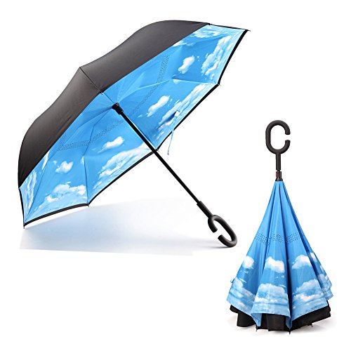 Inverted Umbrella Double Layer Windproof UV protection Cars Reverse Umbrella for Car Rain Outdoor with C-shaped Hands Free Handle by Habiter (sky blue)