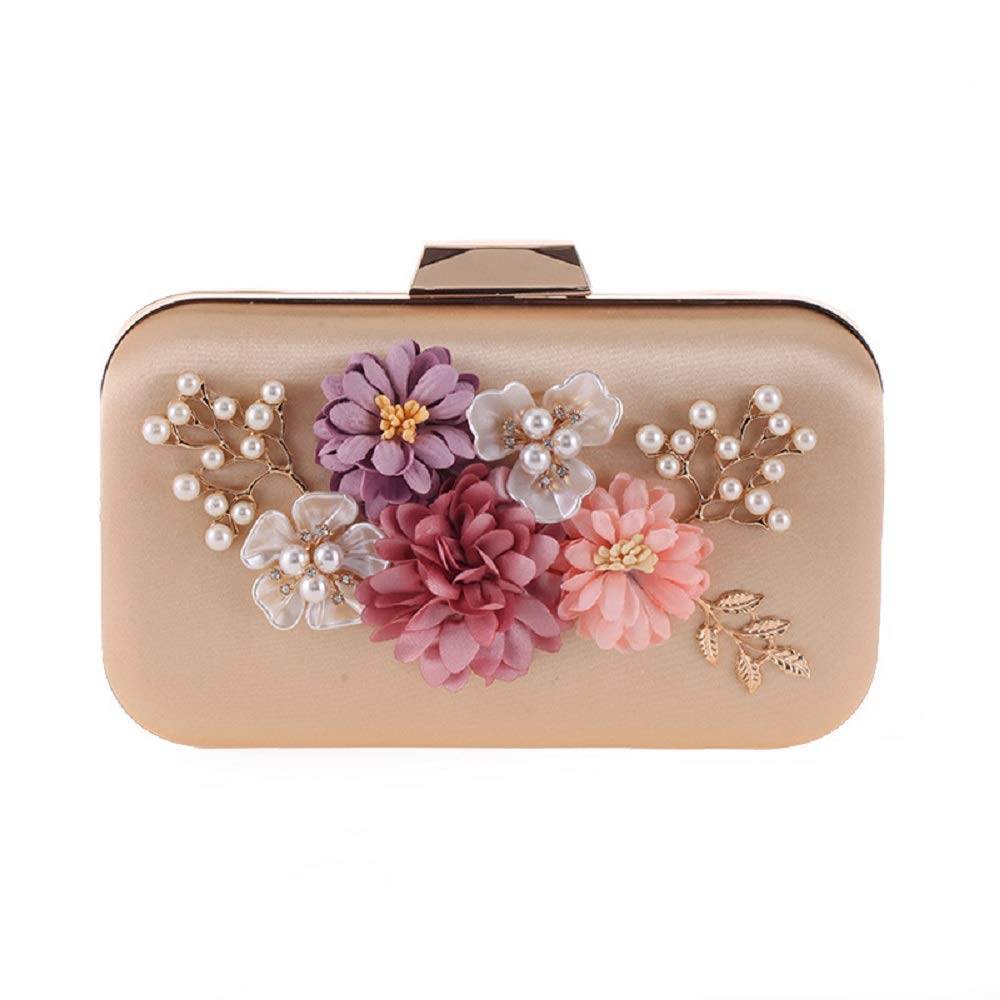 Abbie Home Hard Case Evening Clutch for Women Pearl Jewelry Exquisite Flower Décor Hand Bag (Apricot)