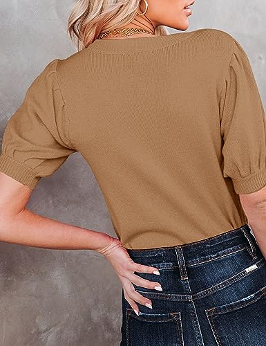 Image of Womens Puff Short Sleeve Sweater Tops Crewneck Basic Knit Pullover Lightweight Casual Sweaters