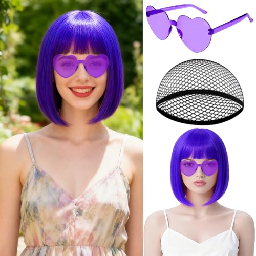 MEEZY Dark Purple Short Bob Wigs Straight Hair with Flat Bangs Heart Sunglasses for Women Colorful Funny Cosplay Party Neon Wig Synthetic Natural As Real Carnival Halloween Costume Party Favors