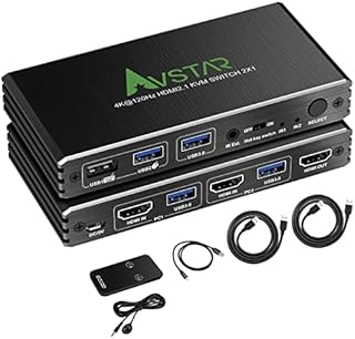 8K@60Hz 4K@120Hz HDMI 2.1 KVM Switch with USB 3.0 2 in 1 Out, 2 Port KVM Switch for 2 Computers 1 Monitor, 2 PCs Share 1 Set of Keyboard, Mouse, Printer for Mac, Windows, IR Extension Remote