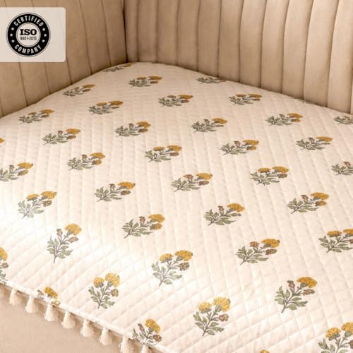 Image of HOMEMONDE 2 Seater Quilted Velvet Printed Sofa Cover with Tassels |Soft, Durable & Premium Fabric with Tassels | Sofa Cover Mats for Living Room, Bedroom & Office (76 X 122 CM, Meadow Bloom)