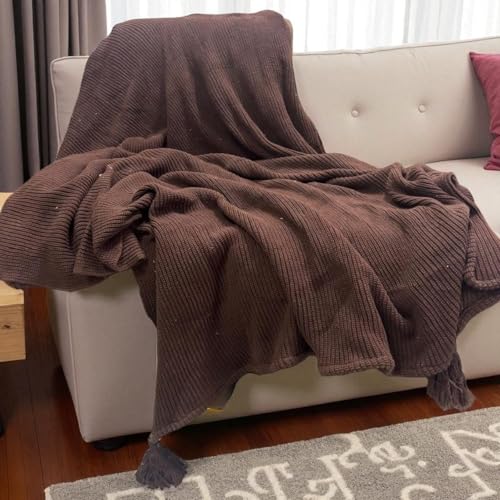 Image of Furnistitchs Plain Solid Knitted Sofa Throw Blanket 50x60 inches / 125x150 cms| Cotton Plain Knit with Tassels | Aesthetic Bohemian Decorative Couch Throws for Living Room & Bedroom (Brown)