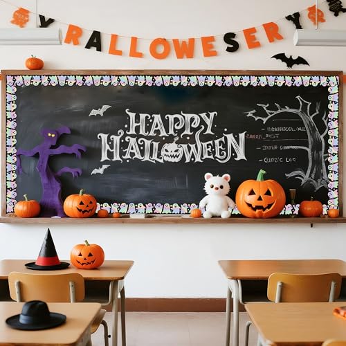 Image of BeYumi Halloween Boo Border Trim - 65ft Halloween Spooky Themed Holographic Straight Rolled Border Trim Iridescent Laser Horror Bulletin Board School Classroom Office Chalkboard Door Party Decoration