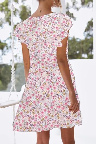 Image of nclook Womens Summer Casual Dresses Sweet Cute V Neck Mini Dress with Pockets Ruffle Short Sleeve