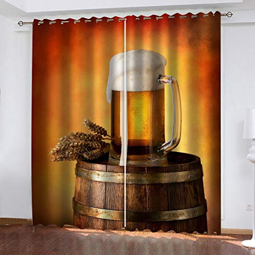 FYRHLH Cortinas Opacas 3D con Ojales Cerveza Retro 3D Cortinas con Ojales, 3D Patrón Cortinas Opacas para Habitacion Y Dormitorio Infantil Decoración Tamaño:2 x An117 x Al138cm