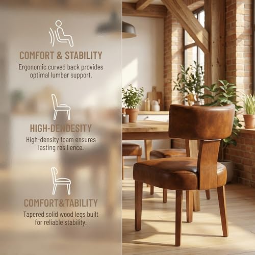 Image of HNY Century Modern Dining Chairs Set of 4, Farmhouse PU Leather Upholstered Accent Chair Curved Backrest Kitchen Chairs, with Hardwood Frame, Brown 4PC
